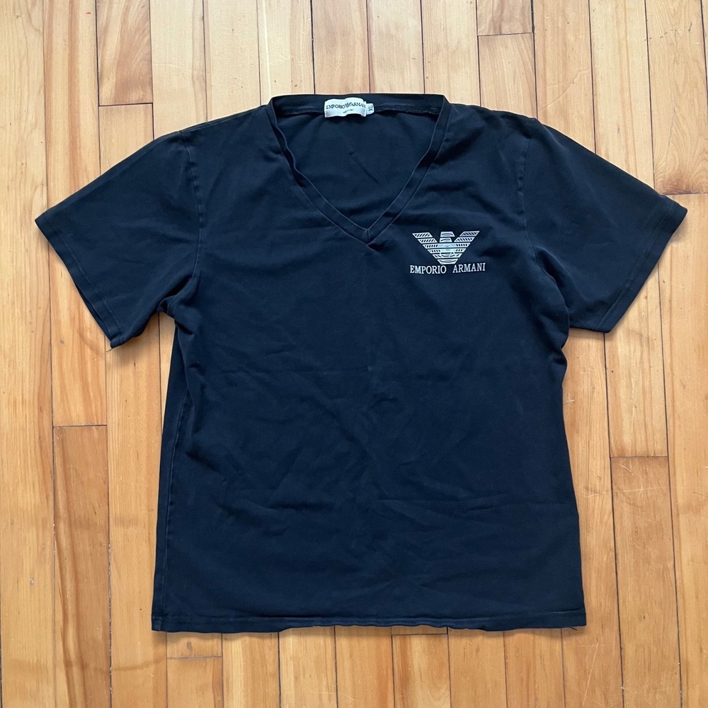 Emporio Armani Mens Black V-Neck T-Shirt Raised Logo Made in Italy XL